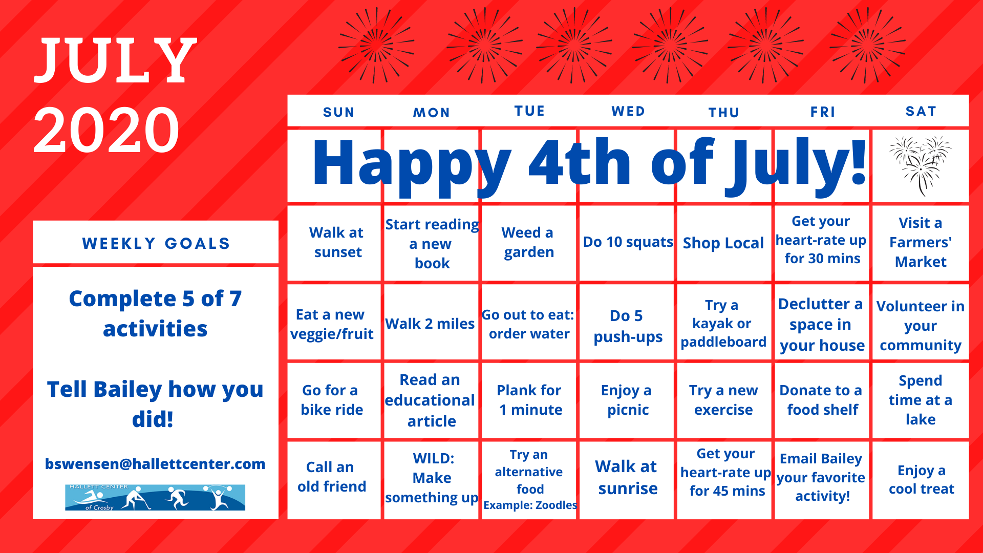 July Wellness Calendar Hallett Center of Crosby
