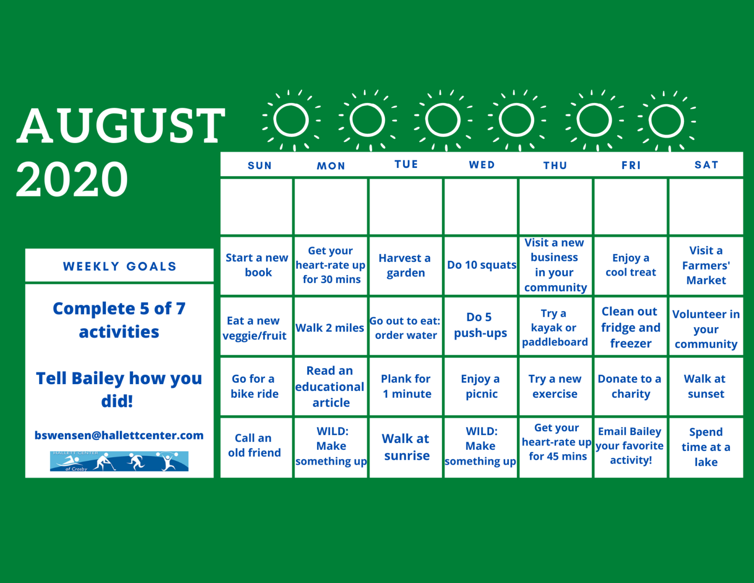 August Wellness Calendar Hallett Center of Crosby